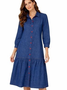 Vintage McKarron Denim Maxi Dress Dark Blue Button Front Tiered Shirt Dress XL